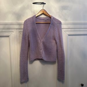 Fuzzy purple cardigan garage size small